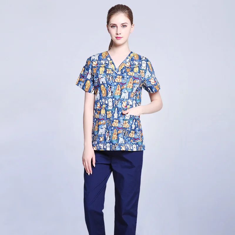 2019 Scrub estivi top new fashion scollo a v salone di bellezza per uomo negozio di animali abiti da lavoro infermiera uniforme cane blu