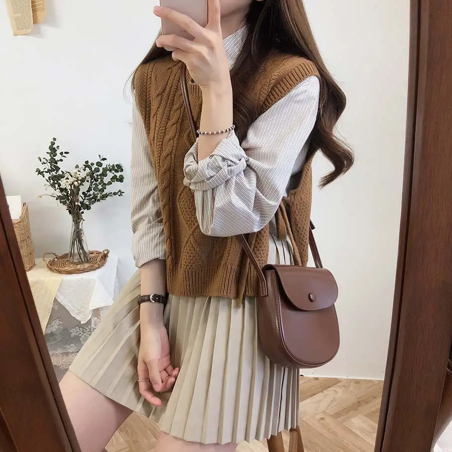 Winter Spring Basic Wear Tops Knitted Sweater Women Fashion Sleeveless Vest Design Brown Knitting Vest Korea Style 9802