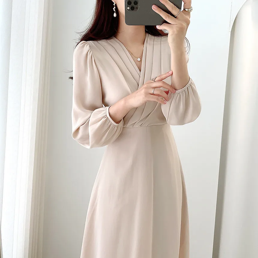 Elegant V-Neck Women Chiffon Dress 2024 New Spring Long Sleeve Tea-Length Solid Color Dresses OL Female Robe Vestido