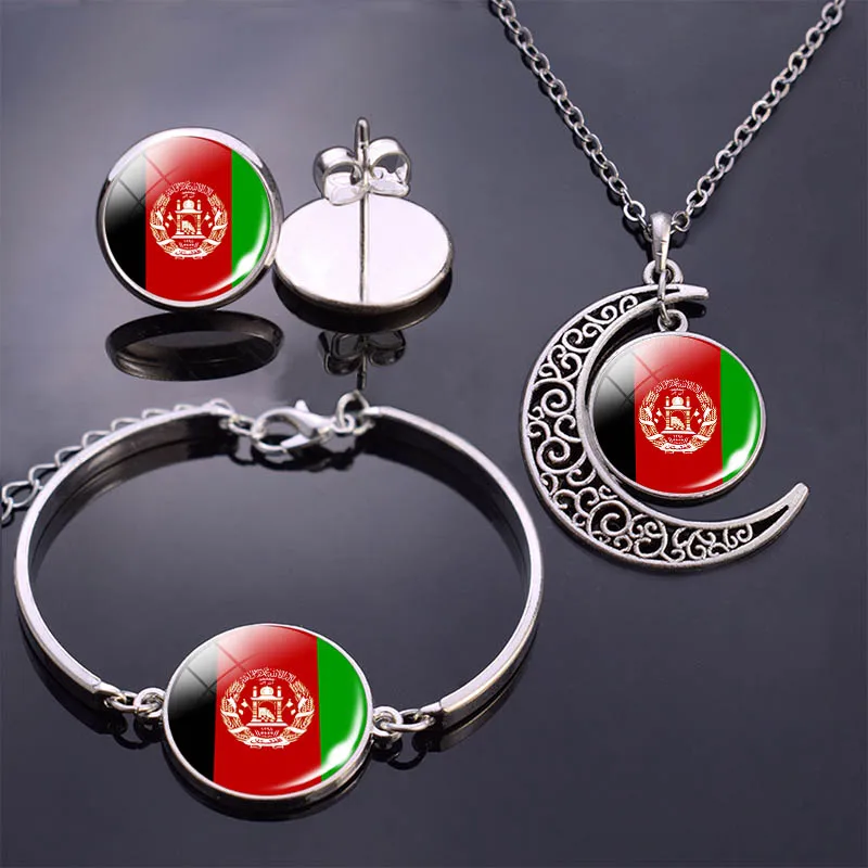 

Bracelet Necklace Earrings Jewelry Set Afghanistan Pakistan Cuba Palestine Flag Glass Cabochon Jewelry Set Flag Stud Earrings