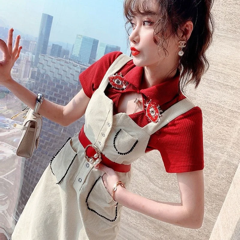 Summer Women's 2021 Age-reducing Dress Summer Skirt New Design Shirt Suspender Skirt Two-piece Suit Ladies Summer Suit