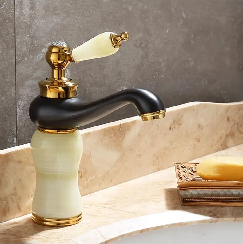 Vidric Hot and Cold Gold and Black Bathroom Basin Faucet Single Hole Deck Mounted Mixer Tap Natural Jade Plating Jade Basin Sink