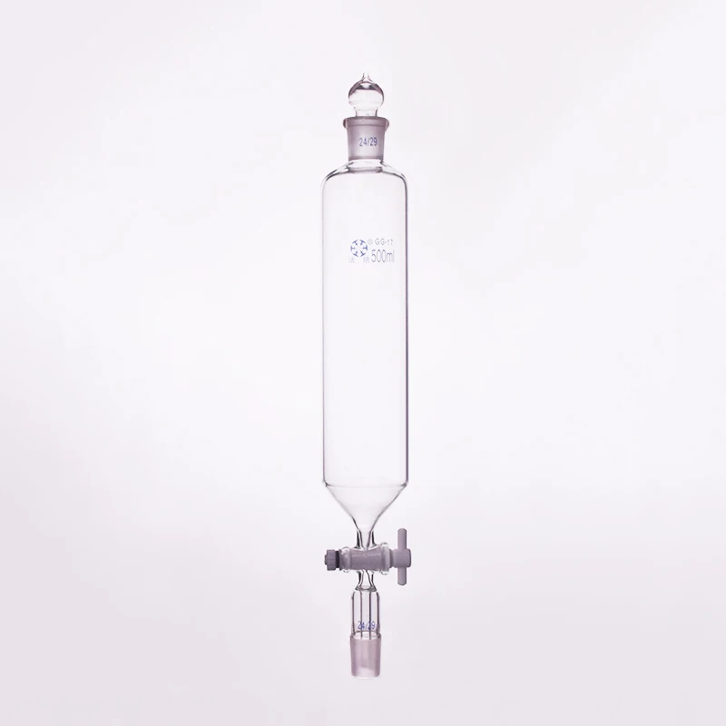 

Separatory funnel cylindrical shape,standard ground mouth.Capacity 500ml,Joint 24/29+24/29,PTFE switch valve,without tick mark