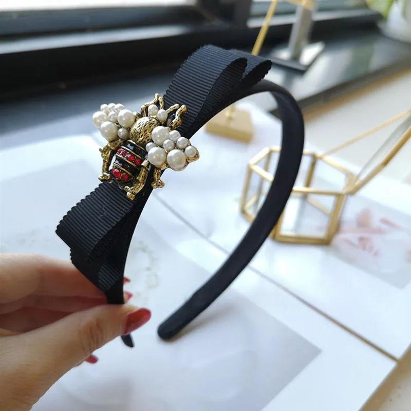 New Korea Bee Black Fabric Hairband Women Alloy Rhinestone Pearl Vintage Hair Accessories Bow Luxury Lady Headband Headdress