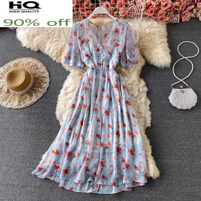 

Korean Fashion Summer Dress 2022 Elegant Beach Dresses for Women Floral Short Sleeve Dress Female Vestido De Mujer Pph4333