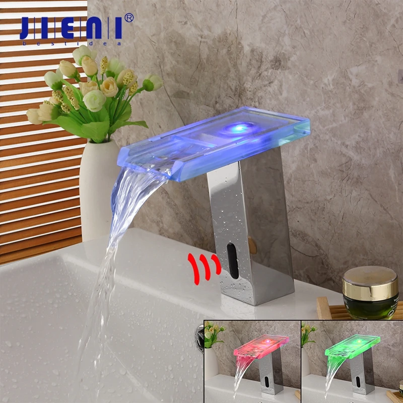 

JIENI Chrome Polished Automatic Sensor Faucet Bathroom Basin Sink Faucet Glass Waterfall Water Mixer Tap Touch Sense Faucet