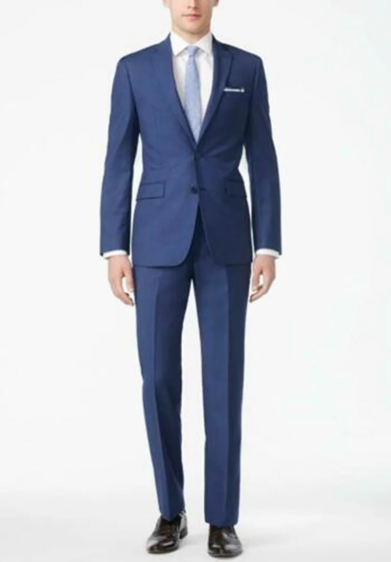 

Blue Mens Suits Polyester 2 Piece (Coat+Pants) Peaked Lapel Costume Homme Infinite Stretch Solid Slim Fit Suit