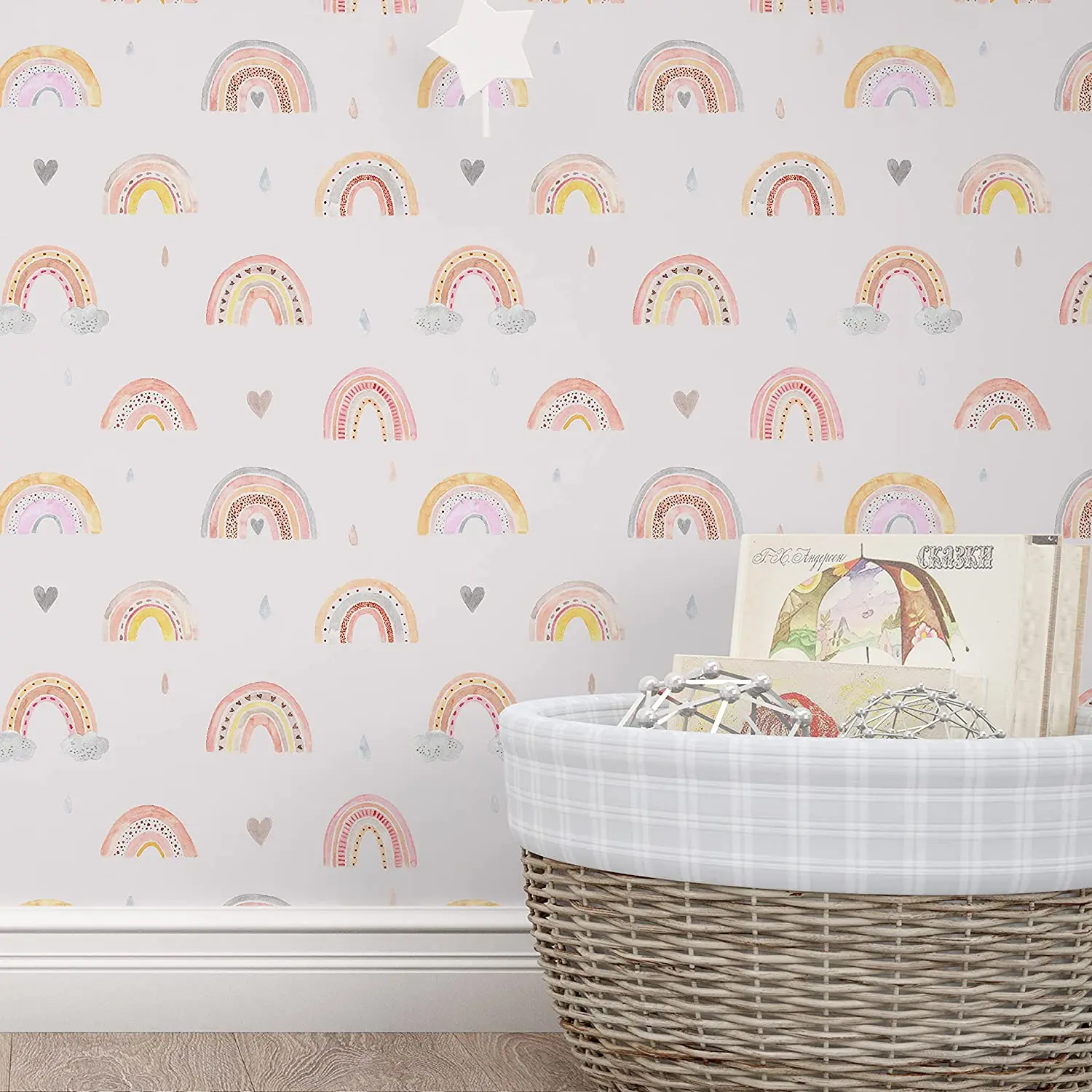 Watercolor Rainbow Peel and Stick Wallpaper Cute Removable Self-Adhesive Colorful Contact Paper for Nursery Kids Room Decor