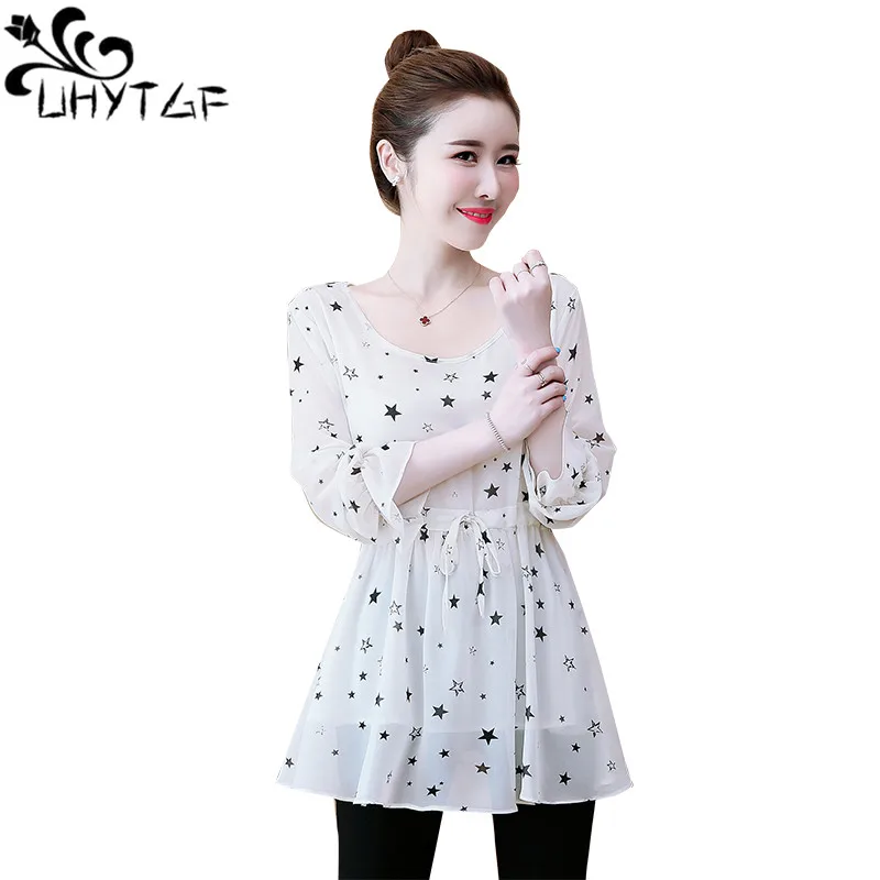 UHYTGF Women's Blouse White Black O Neck Pullover Chiffon Summer Shirt Female Fashion Printed Long Sleeve 5XL Big Size Top 2002