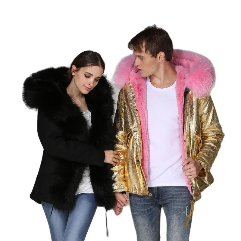 

Luxury Black Raccoon Fur Border Fur Ldies Winter Wear Golden PU Shell Pink Raccoon Fur Hoodies MRMRS