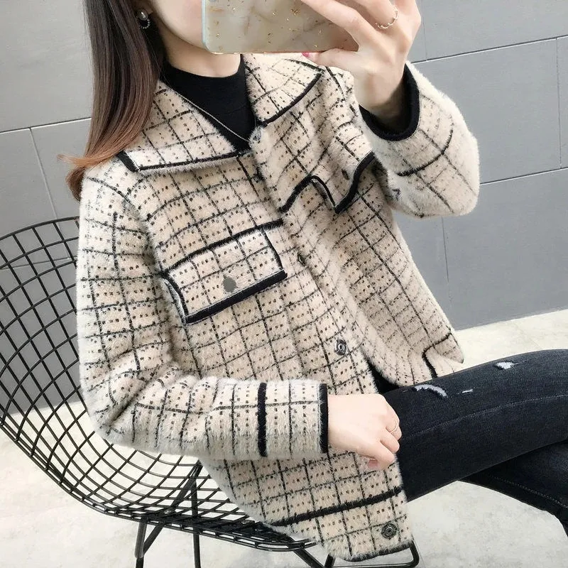 Women Faux Mink Velvet Plaid Jacket New Spring Autumn Knitted Sweater Cardigan Coat Ladies Outwear Lapel Single Breasted Coats