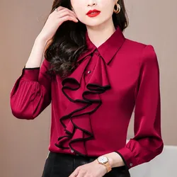 TuxedoTops-Blusa de seda satinada para mujer, camisa de manga larga con volantes, ropa de trabajo Formal para negocios y oficina