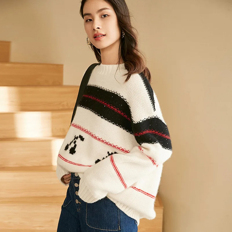 100% cashmere winter thick sweater women new arrival europe fashion striped oversized pullovers knitted high-end ladies top