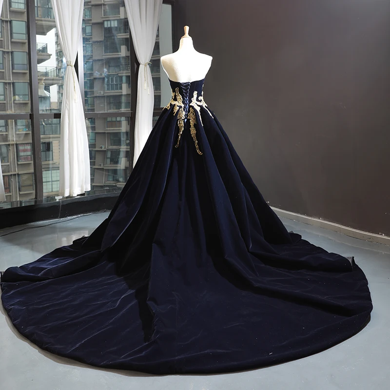 Goud Pailletten Kralen Prom Jurken Strapless Navy Blue Velvet Avondjurken Sweep Trein Plus Size Zwart Bruiloft Formele Kleding