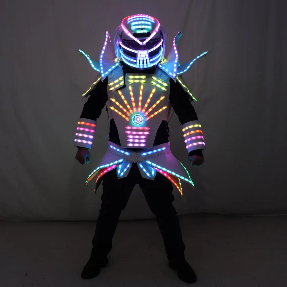 

Full Color LED Robot Suit Party Performance Wears Armor Suit Colorful Light Clothe Club Show Outfits With Helmet Laser Gloves