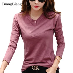 2023 Long Sleeve Spring Women Slub Cotton T Shirts Female Button Green V-Neck Solid Color T-shirt Coffee Korean Soft Loose Tops