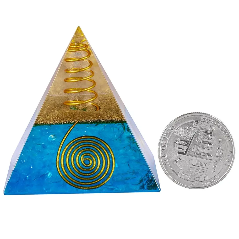 TUMBEELLUWA Healing Crystal Gold Wire Orgone Pyramid Stone Figurine Generator for Meditation Reiki Balancing,Blue Color