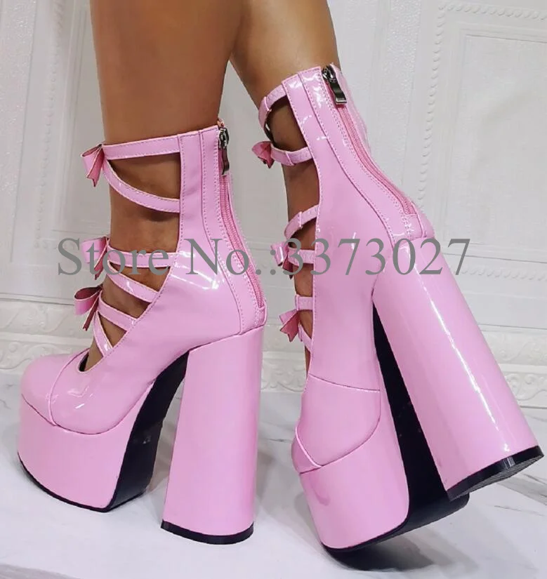 New Spring Pink Color Bowtie Platform Pumps Shoes Woman Fashion Chunky Heel Butterfly Dress Shoes Lady High Heels Real Photos