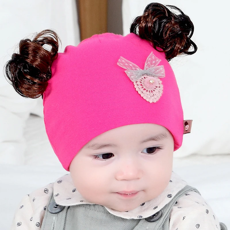 Baby Hat Artificial Fake hair   Boy Cap Cotton Printing Pompom Bobble  For Girls Winter Children s Caps