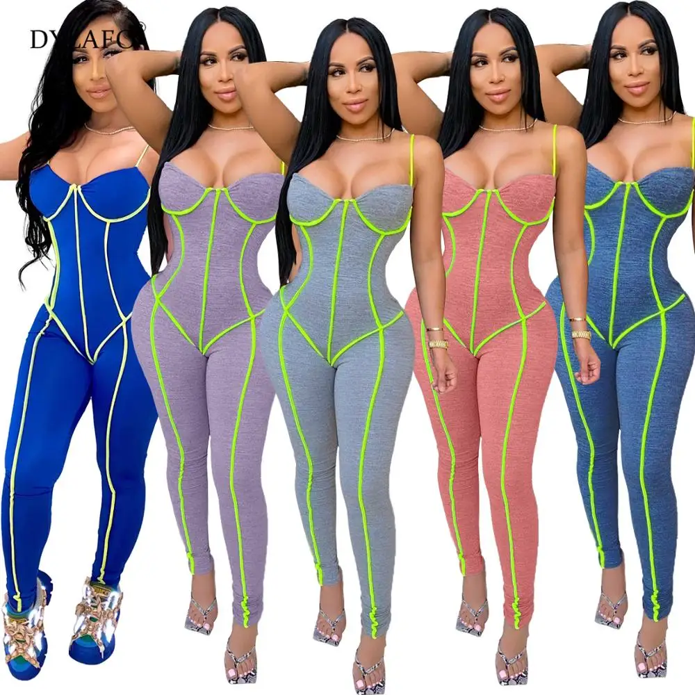 Women Fashion Sexy Tight Spaghetti Strap Jogging Jumpsuits Casual Combinaison Femme Sports Leggings Rompers Overalls Sweatsuit