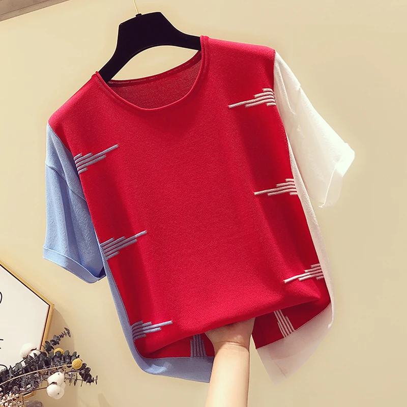 Shintimes Pink Knitted T Shirt Women 2023 Summer Thin T Shirts Female Casual Woman Clothes Tshirt Hit Color Tops Tee Shirt Femme