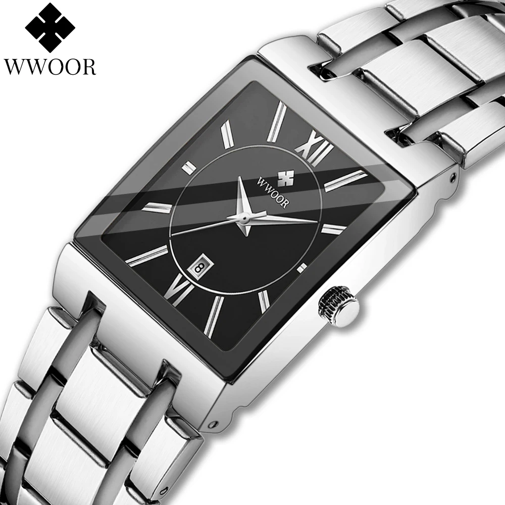 Men Watches WWOOR Fashion Top Brand Luxury White Square Waterproof Quartz Wristwatch Stainless Steel Date Clock Men Montre Homme