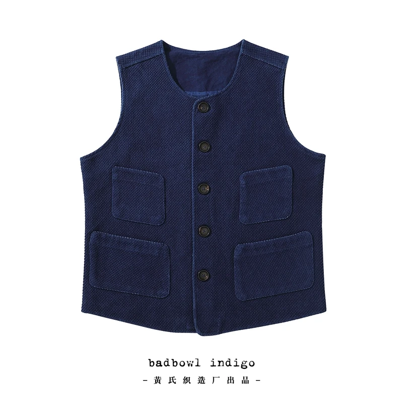 New Spring and Autumn Fashion Indigo Blue Men\'s Dyed Outer Vest Japanese Retro Sashiko Kendo Fabric Men\'s Vest with Multi-pocket