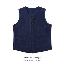 New Spring and Autumn Fashion Indigo Blue Men's Dyed Outer Vest Japanese Retro Sashiko Kendo Fabric Men's Vest with Multi-pocket