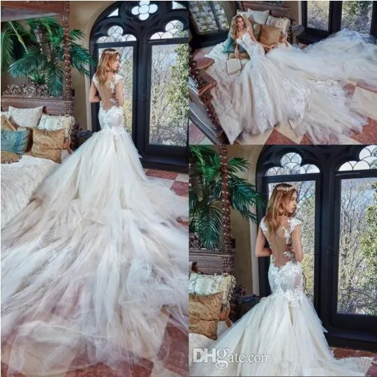 Vestido De Noiva Gorgeous Designer Mermaid Wedding Dresses Sexy Backless See through Apliqued Lace Cathedral Train Wedding Gowns