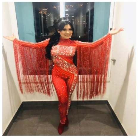 Birthday Celebrate Outfit Red Rhinestones Fringe Jumpsuit Bar Dance Leggings Women Singer Dancer stage dance costume