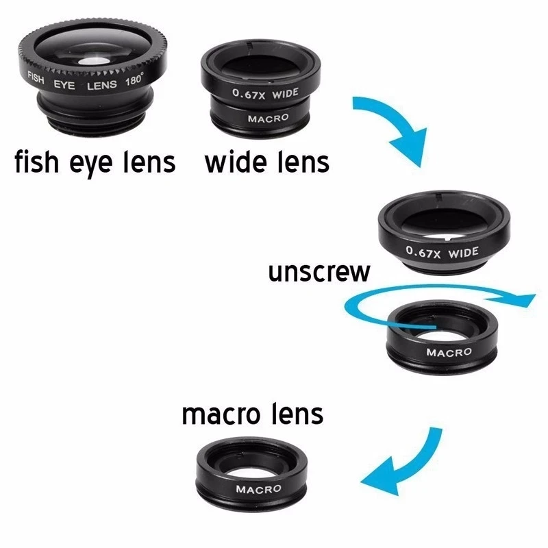 Objectif Œil de Poisson Grand Angle Macro Fisheye, Zoom pour iPhone 7 8 plus XS MAX X, Kit d'Objectif de Caméra pour Téléphone Portable