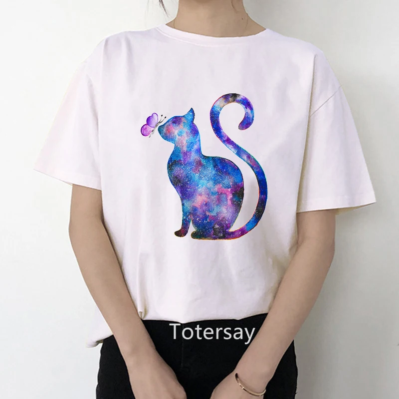 New arrival 2024 t-shirt women cute painting Cat and butterfly print femme t-shirt summer  retro womens tops wholesale