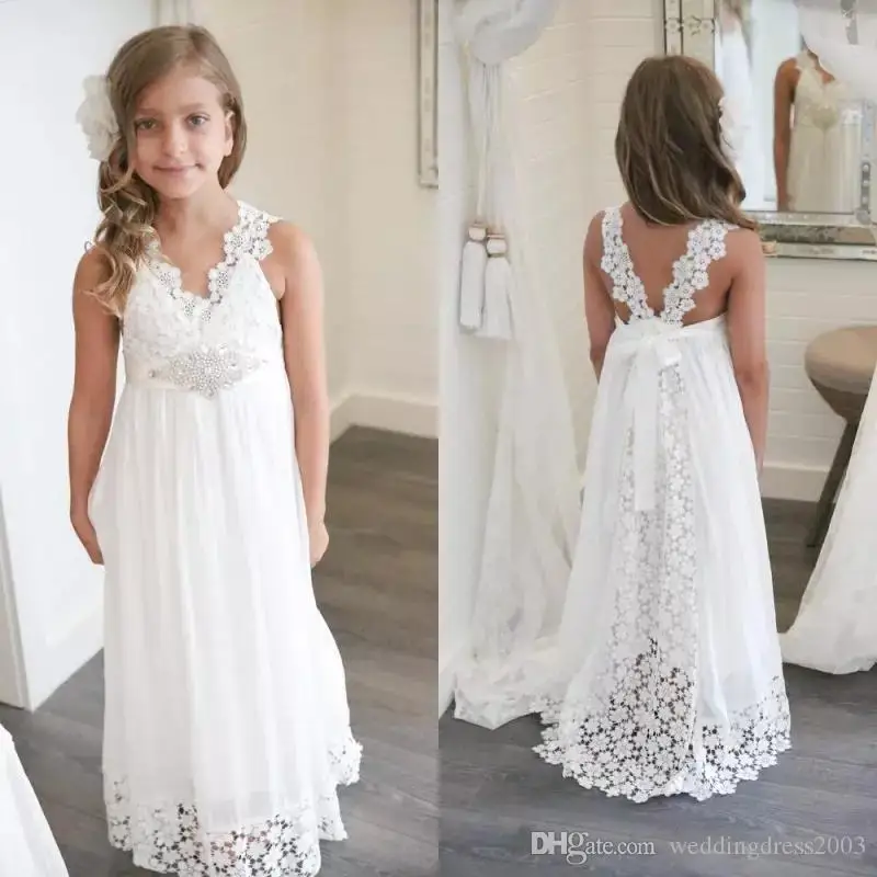 Boho Blumen mädchen Kleider weißen Chiffon und Spitze lange Junior kleine Mädchen Strand kleine Braut Nohemian Perlen Schärpe Com union