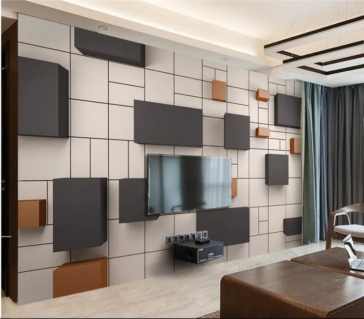 

3d three-dimensional modern new Chinese cube brick wall TV background wall custom large mural green wallpaper