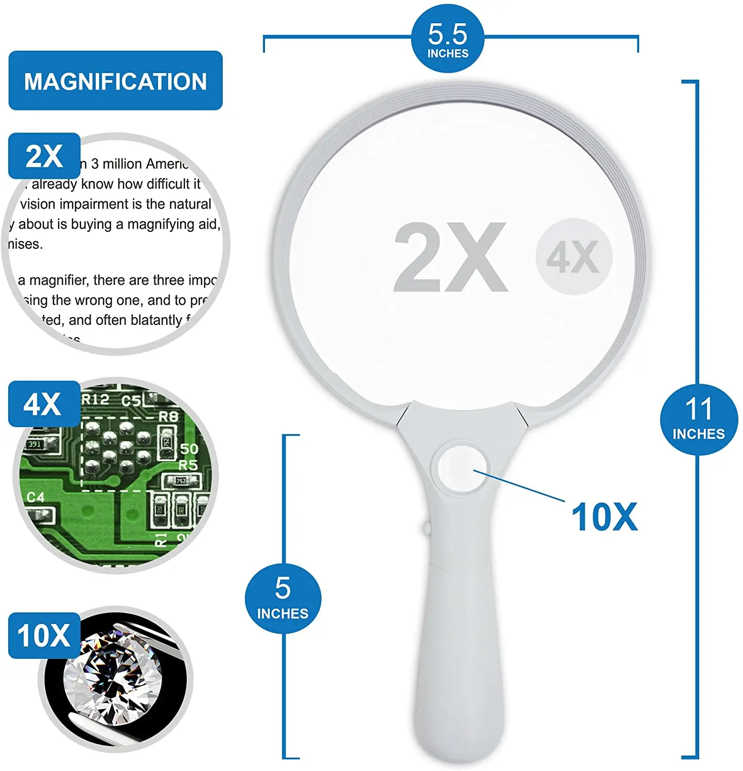 Extra Large LED Handheld Magnifying Glass with Light - 2X 4X 25X Lens - Best Jumbo Size Illuminated Reading Magnifier for Books