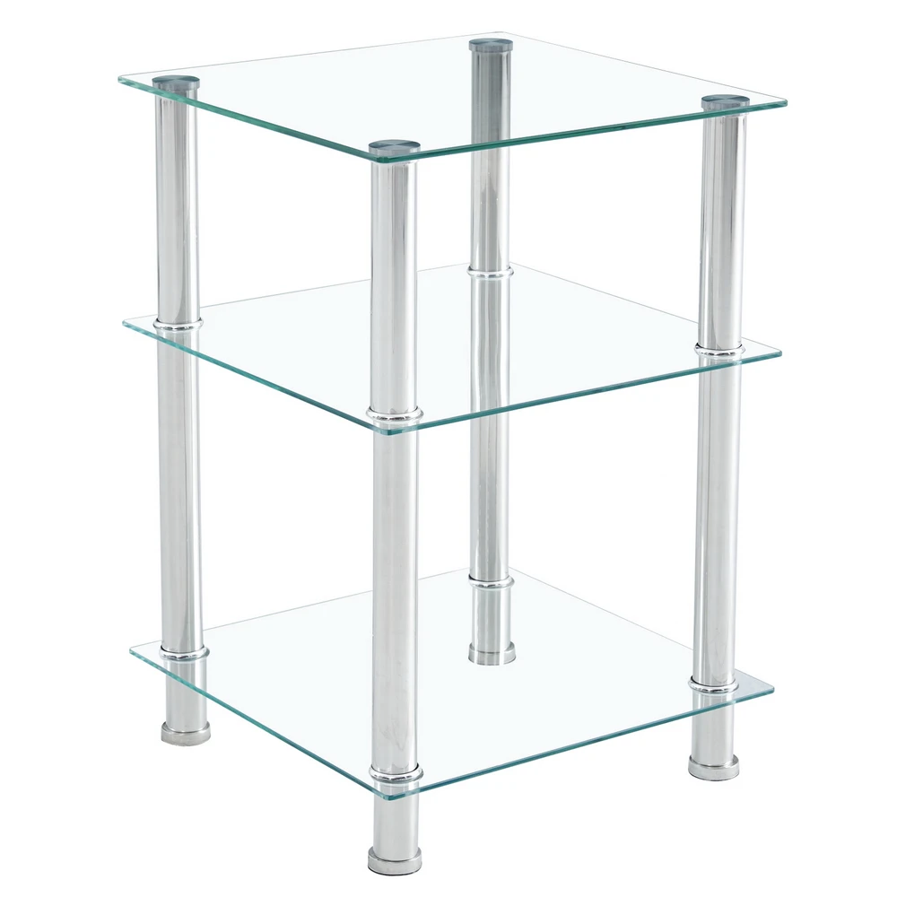 3-Layer Square Coffee Table Tempered Glass Stainless Steel Tube Side Table 42x42x61CM Easy to Clean[US-Stock]