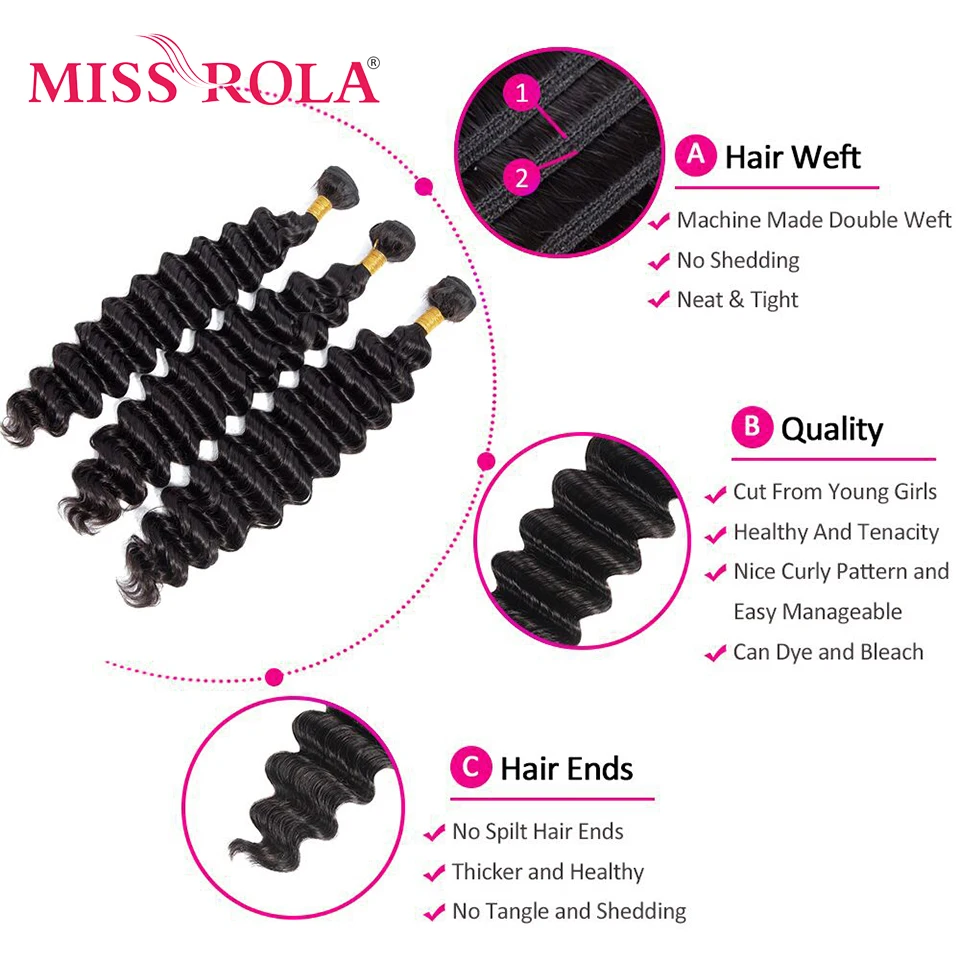 Miss Rola-Brazilian Hair Weave Bundles, Onda Profunda, 100% Cabelo Humano, 8-26 em, Cor Natural, 3 Pacotes, Extensão do Cabelo, Remy