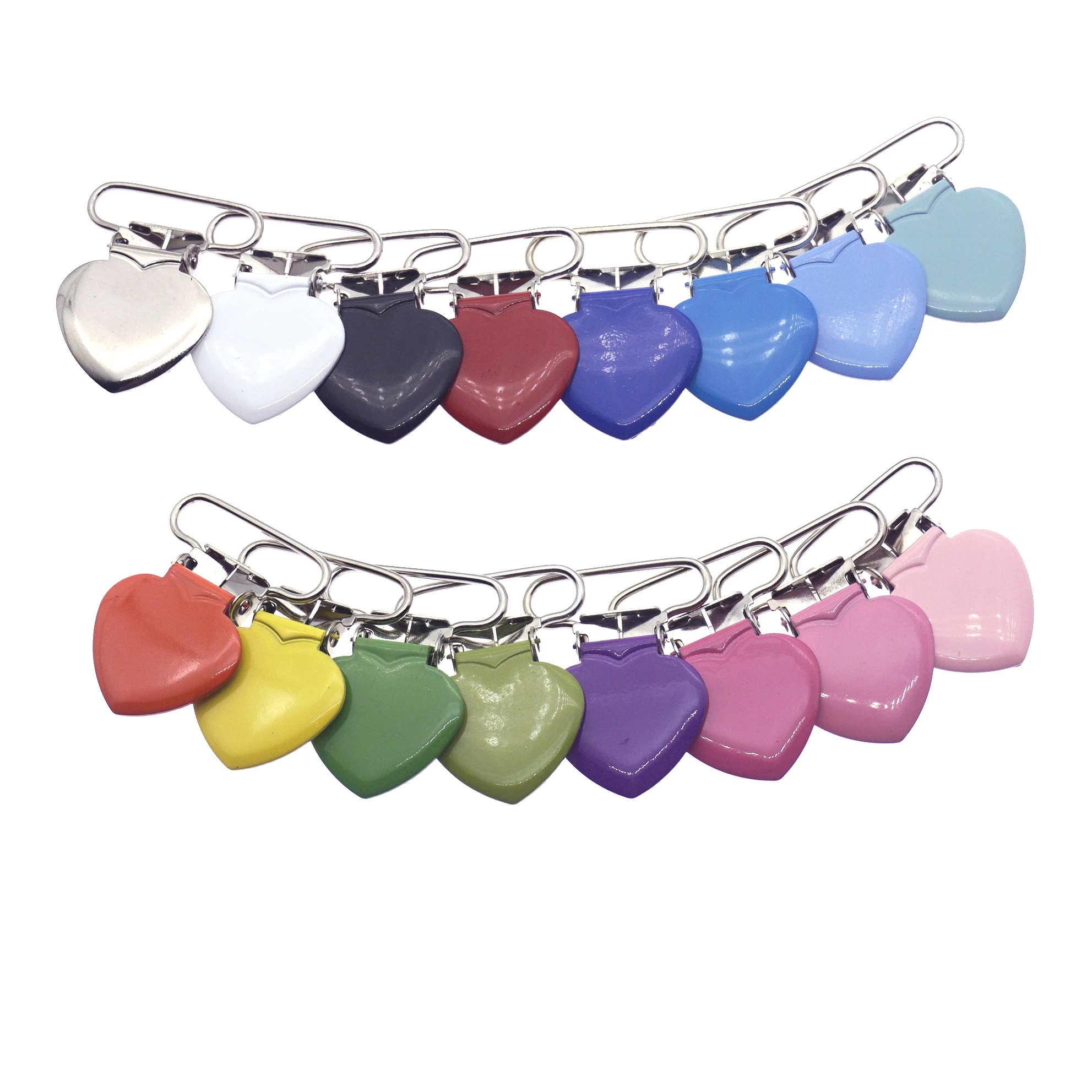 SUTOYUEN 1\'\' 25mm Heart Metal Clips for Suspender Pacifier Clips Enamel Suspender Clip Plastic Teeth Dummy Toy Holder 32Pcs
