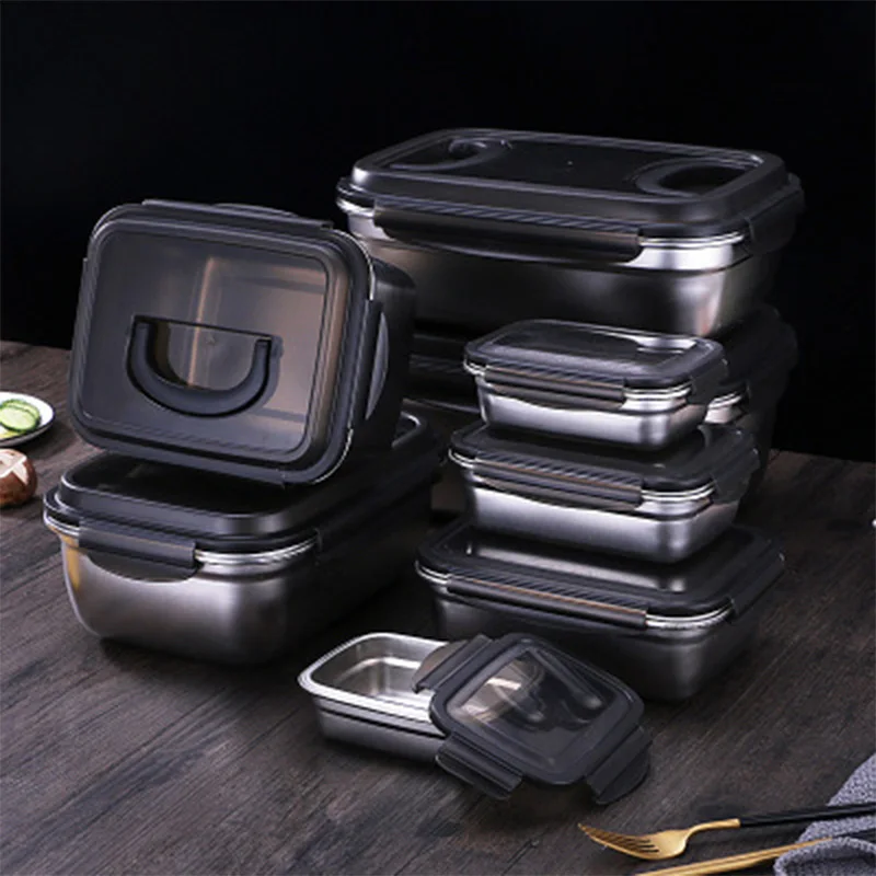 Lunch Box 304 Stainless Steel Refrigerator Storage Box Sealed Box Fruit Vegetable Kimchi Bucket Bento Box Microwave Lunch Box