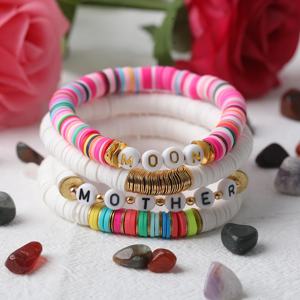 5 10Pcs Plated Gold Mother Letter Plastic Women 8mm Rainbow Vinyl Disc Heishi Beads Elastic String Bracelet Boho