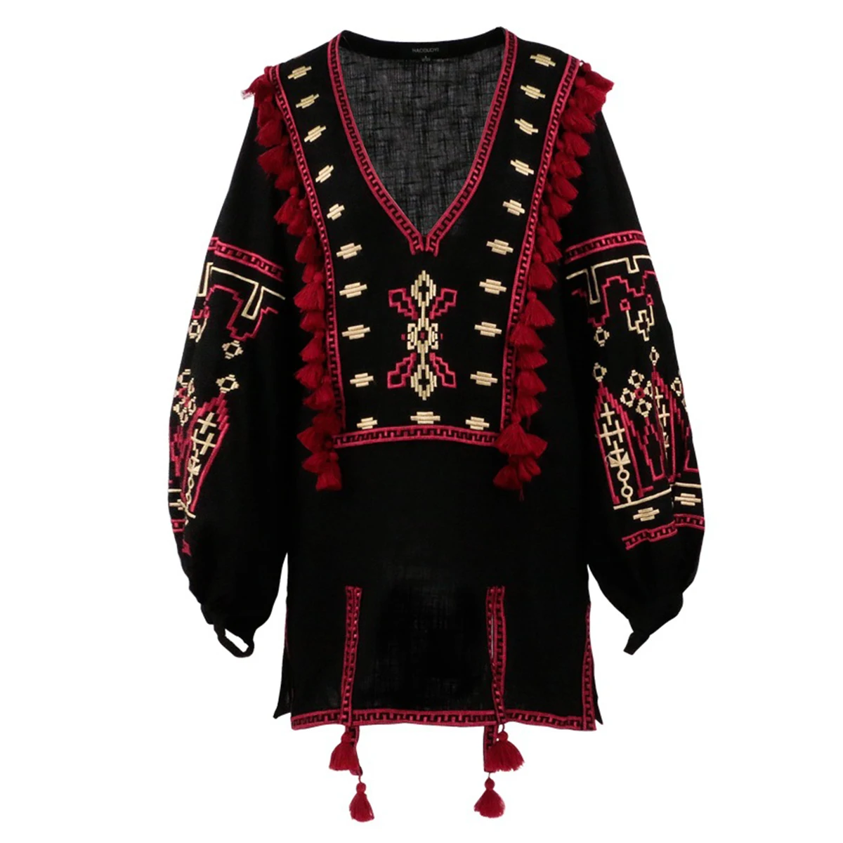 Jastie Autumn Vintage Women\'s Clothing V-Neck Long Sleeve Tassel Decoration Pattern Embroidery Dress Bohemian Holiday Dresses