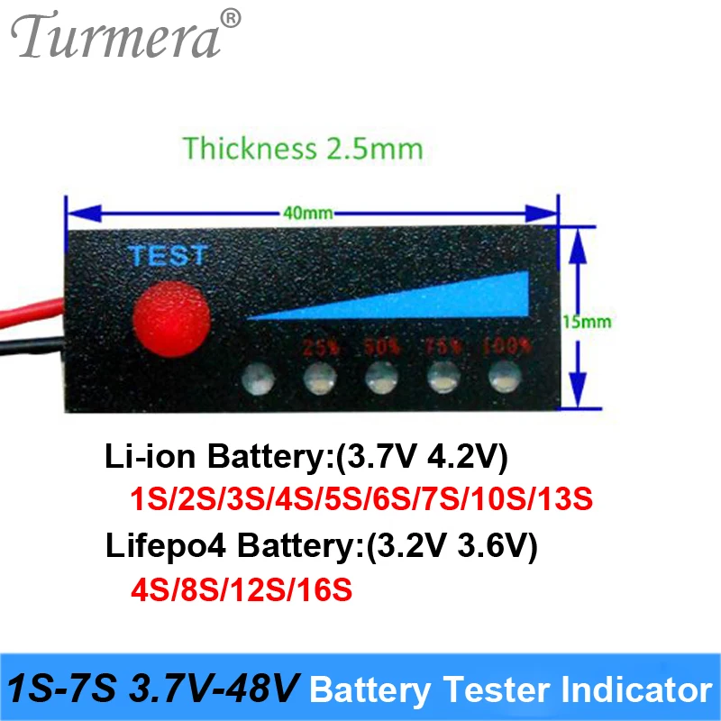 Turmera 4.2V 8.4V 12V 16.8V 18V 24V 25V 36V 48V 1S-13S Battery Tester Capacity Indicator for Screwdriver Battery and E-bike  Use