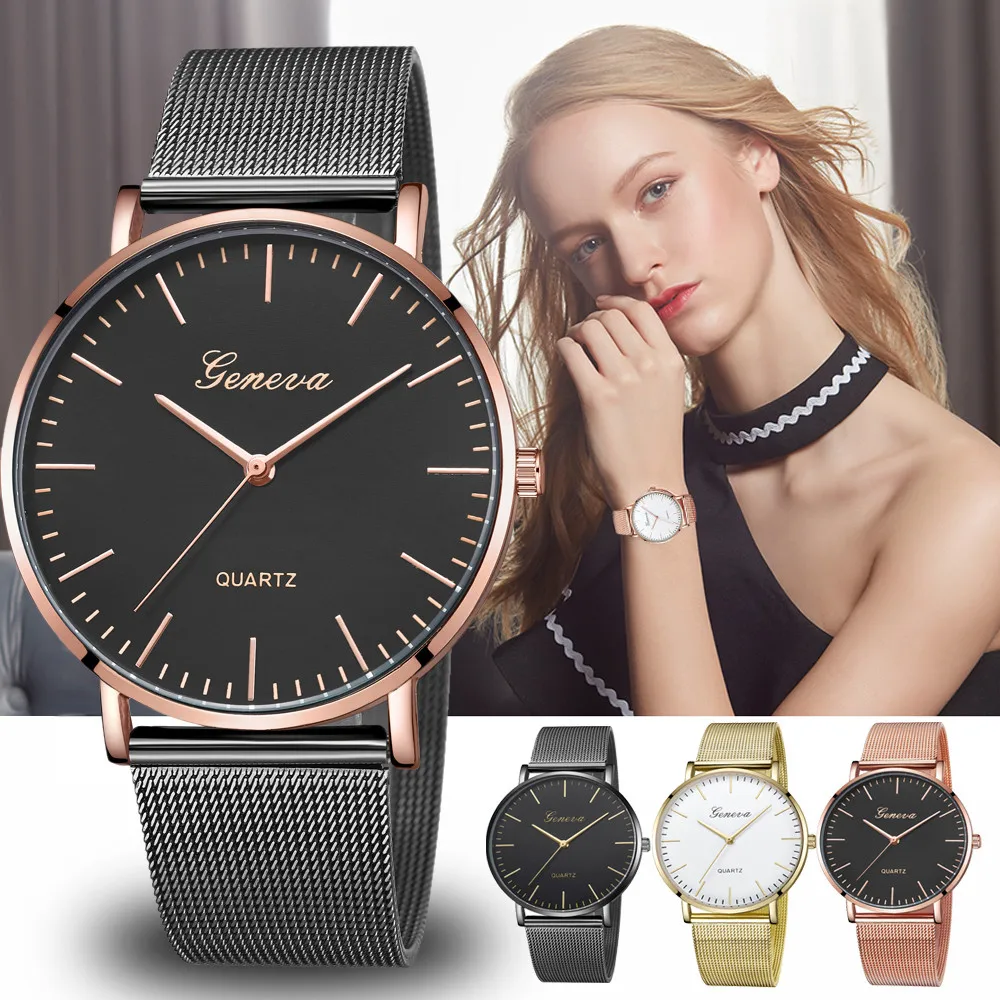 GENEVA Watch Womens Fashion Casual Simple Classic Quartz Relojes Stainless Steel Wristwatch Montre Feminino Relogio Girls Clock