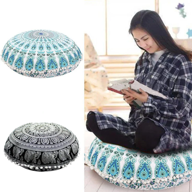 Round Seating Throw Pillow Cover Mandala Floor Pillow Cushion Hippie Decorative Bohemian Style Pom Pom Pillow Cases