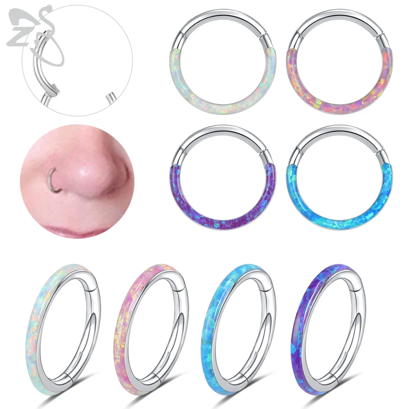 ZS 1PC 16G Opal Nose Ring Hoop Septum Clicker Hinged Segment  8/10MM Stainless Steel Ear Tragus Cartilage Lip Piercing Jewelry