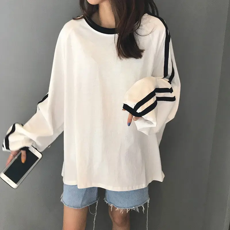 Long Lantern Sleeve T-shirts Women Breathe Spring Korean Style Patchwork Mujer All-match Casual Tops College Simple Daily Tees