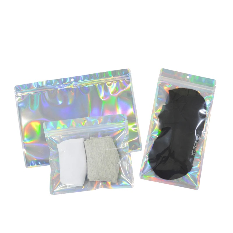 

100 Pcs Hologram Aluminum Foil And Transparent Round Hole Zip Lock Bags Underwear Clothing Socks Shirt Jewelry Gift Pouches