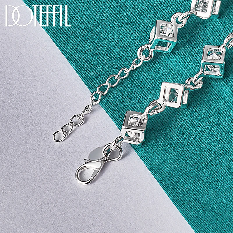 DOTEFFIL 925 Sterling Silver Square AAA Zircon Chain Bracelet For Women Wedding Engagement Party Fashion Jewelry