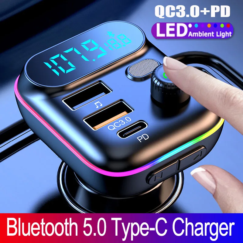 2023 Car Bluetooth 5.0 FM Transmitter PD 20W Type-C QC3.0 Dual USB Charger 7-colorful Atmosphere Light MP3 Player Lossless Music