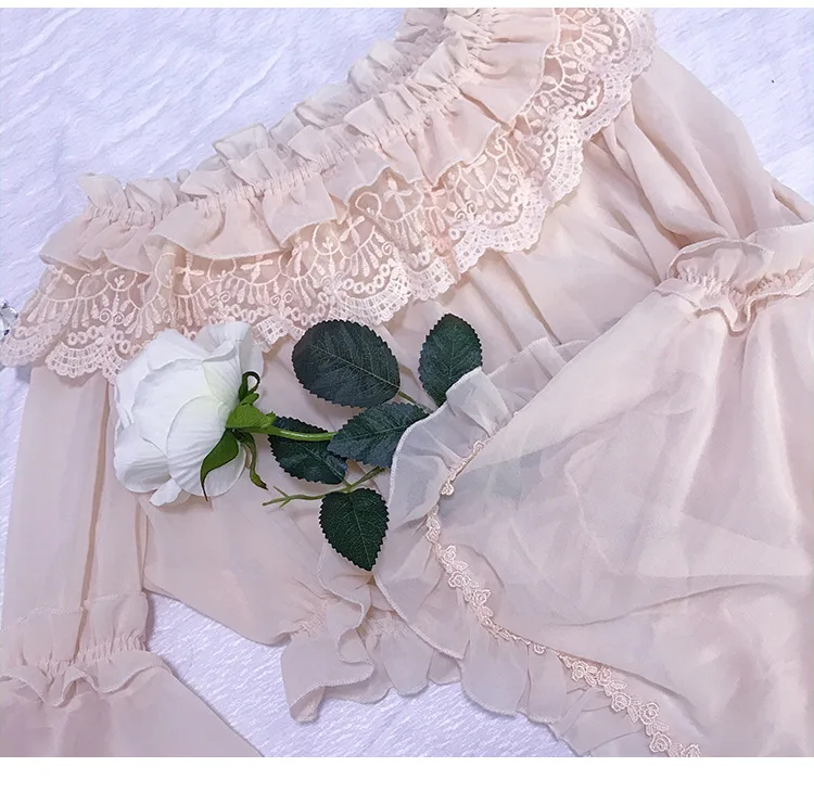 Fresh mori sweet lolita top kawaii girl peter pan collar white/black lace victorian shirt loose chiffon lolita shirt loli cos